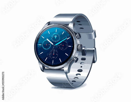 Detailed Silver Smartwatch with Blue Digital Display Isolated on White Background