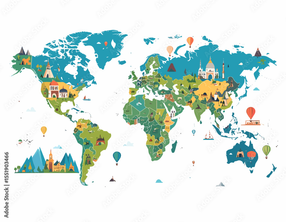 Naklejka premium Detailed World Map Featuring Landmarks and Buildings in Varied Colors Representing Different Continents on a White Background with Vector Style Illustration