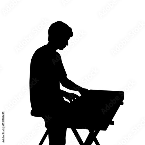 Young man playing piano silhouette against a white background  