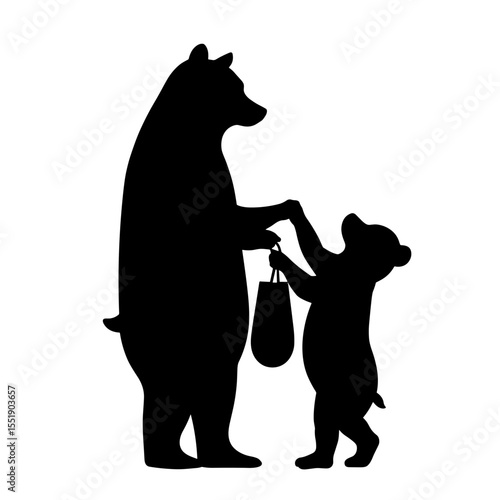 Silhouettes of two anthropomorphic bears in black and white, one handing or receiving a bag from the other, symbolizing emotional exchange, caregiving, responsibility, or generational connection