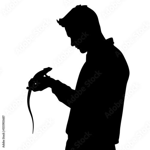 Man holding a lizard in silhouette against a light background  