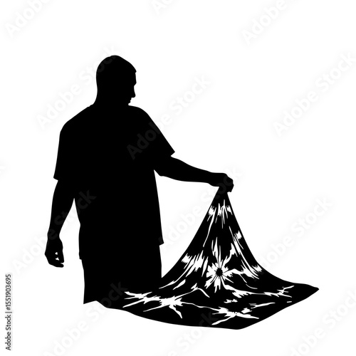 Man holding patterned fabric in silhouette against white background  