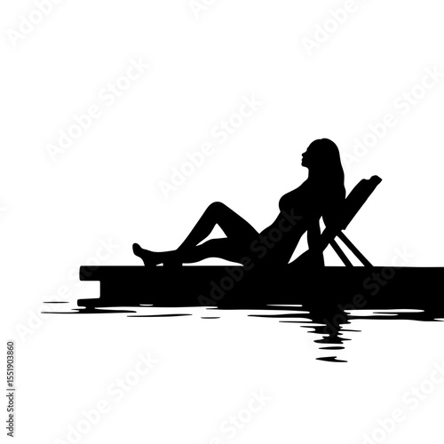 Woman relaxing on a dock by the water in silhouette style  