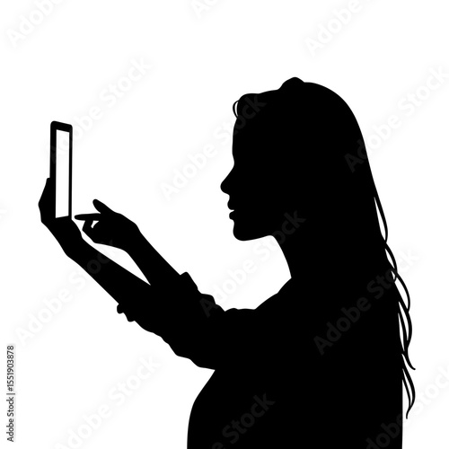 Woman taking selfie with smartphone silhouette against white background  