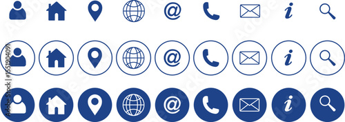 Web Icon Set. Phone, Email, Location, Home, User icon Set. Web Kontakt Symbol. Minimal Blue Contact Icons Set – User, Home, Location, Email, Phone, Info, Web, Search – Line, Outline & Solid Styles