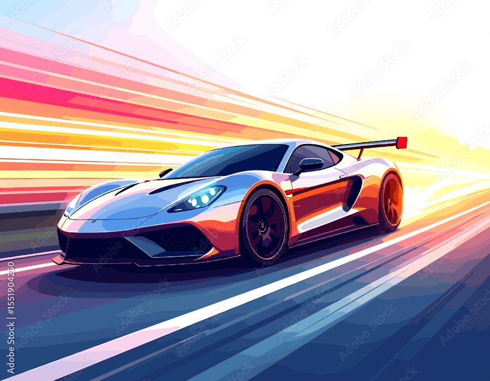 Naklejka premium Dynamic Silver Car Speeding on Road with Motion Blur and Pixelated Style Depicting Speed Power and Advanced Automotive Technology