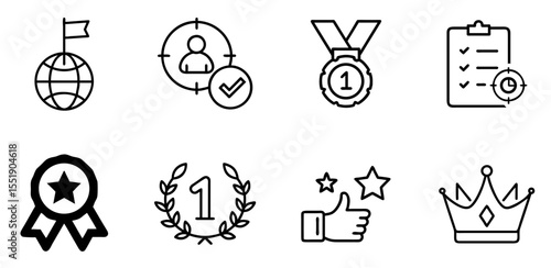 Success and Excellence Line Icons - Achievement, Quality, and Global Goal Vector Set