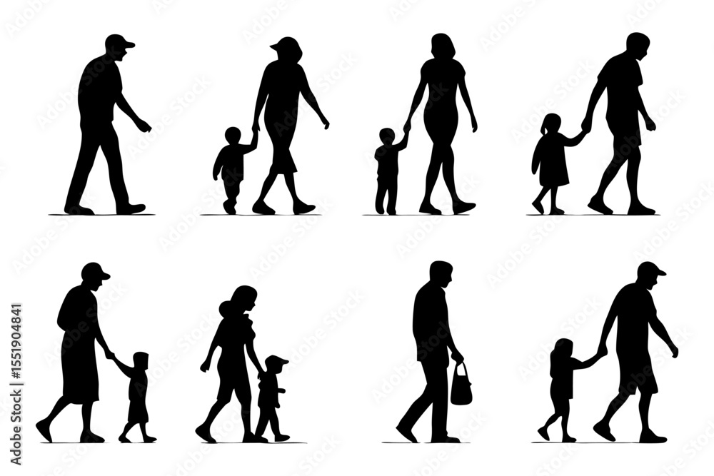 Obraz premium Silhouette Walk: A collection of artistic silhouettes portraying families and individuals strolling along. The silhouettes highlight everyday moments of connection, exploration, and togetherness. 