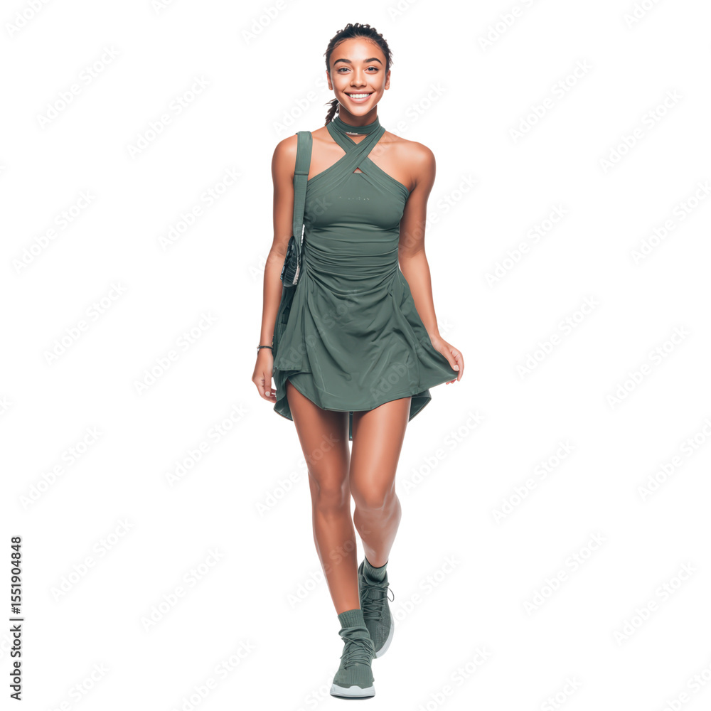 Fototapeta premium Full body portrait of young woman smiling and walking confidently, wearing green dress and sneakers, carrying shoulder bag, expressing happiness and casual style