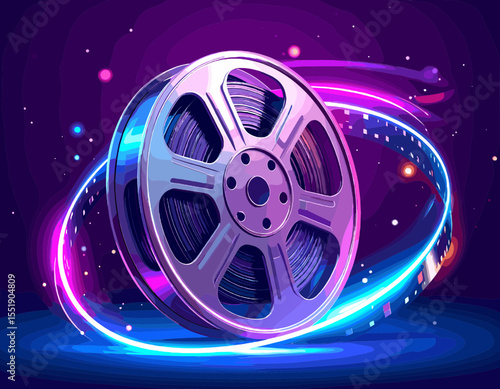Film Reel with Glowing Purple and Blue Neon Lights Abstract Background in a Retro Vintage Style Motion Picture Concept
