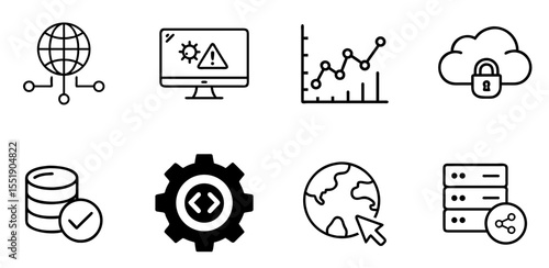 IT Operations and Global Data Line Icons - Network, Analytics, Security, and Server Vector Set