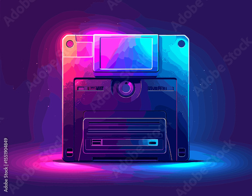 Floppy Disk Pixel Art with Retro Colors Featuring a Diskette in Purple Blue and Pink Neon Glow
