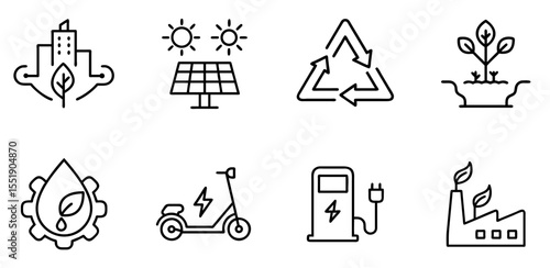 Green City and Sustainable Energy Line Icons - Eco-Friendly Technology and Renewable Power Vector Set