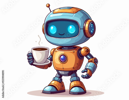Friendly Cartoon Robot Holding a Steaming Cup of Coffee on White Background Featuring Blue and Orange Color Palette