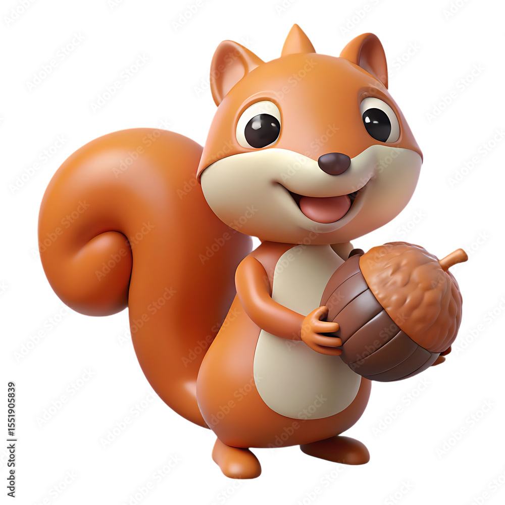Fototapeta premium Adorable 3D Cartoon Squirrel Holding a Large Acorn, Autumn Theme, Cute...