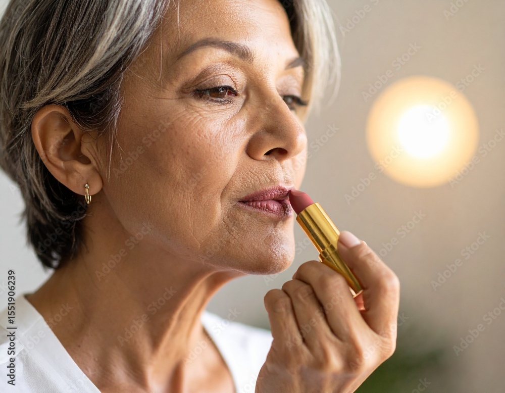 Obraz premium Senior Woman Applying Makeup at Home – Graceful Aging & Beauty Ritual