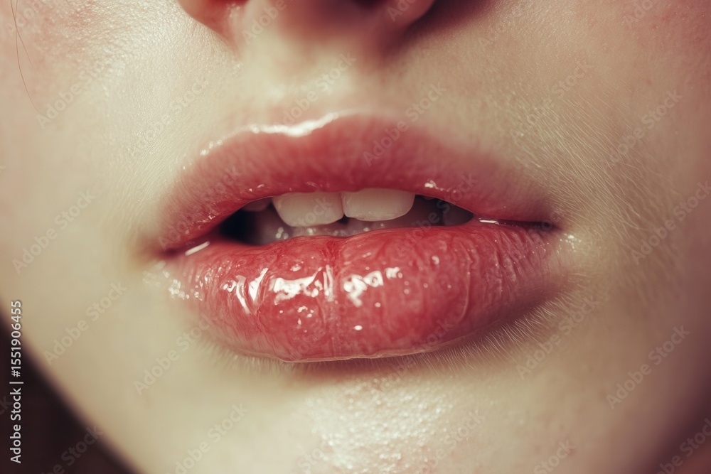 Obraz premium Close-Up of Glossy Lips with Subtle Shine and Natural Texture