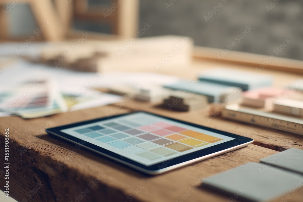 Fototapeta premium flat-lay of architects material palette color swatches digital tablet with building rendering and scale ruler on wood