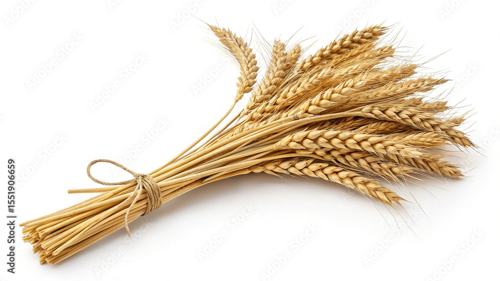 Golden wheat stalks tied with natural twine on a clean white background Golden wheat stalks tied with natural twine on a clean white background