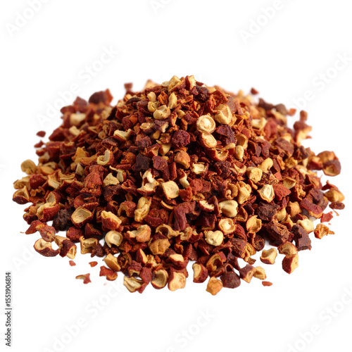 Aromatic sichuan peppercorns in a scattered heap creating a culinary texture on transparent background