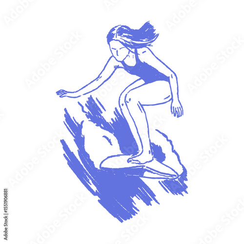 Crayon sketched of surfing girl in dynamic pose for beach sports, Hawaii travel, summer vibes, minimal chalk drawings, ocean lifestyle design. Hand-drawn vector energetic coastal art.