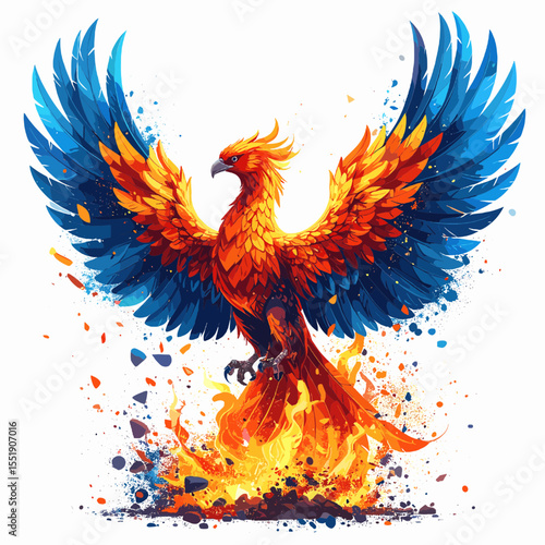 Majestic Phoenix Rising with Fiery Plumes Blue Tipped Wings Pixelated Detailed Render Against White Backdrop