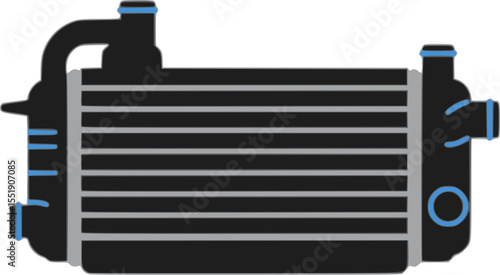 Illustration of a car radiator cross-section, with connected coolant hoses