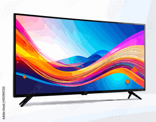 Modern Flat Screen Television Displaying Abstract Colorful Wave Design on White Backdrop Featuring High Resolution Image
