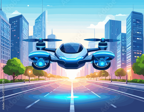 Modern Blue Drone Flying over City Streets in Pixel Art Style Urban Transportation of the Future with Skyscrapers Against a Bright Sunny Sky