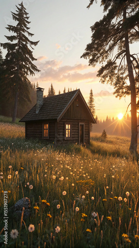 An old rural cottage nestled amidst trees and fields, bathed in the golden hues of either sunrise or sunset
