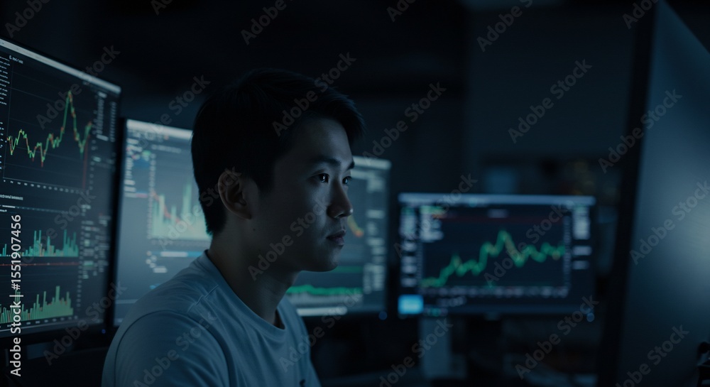 Focused Young Man Analyzing Stock Market Data on Multiple Screens in Dark Room Focused Young Man Analyzing Stock Market Data on Multiple Screens in Dark Room