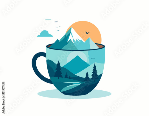 Mountain Landscape inside Coffee Cup with Teal Tones a Rising Sun and Birds on a White Background