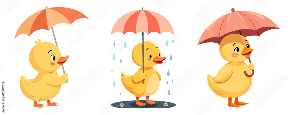 Set of Cute Cartoon Ducklings with Umbrellas for Rainy and Cheerful Weather Vector Illustration
