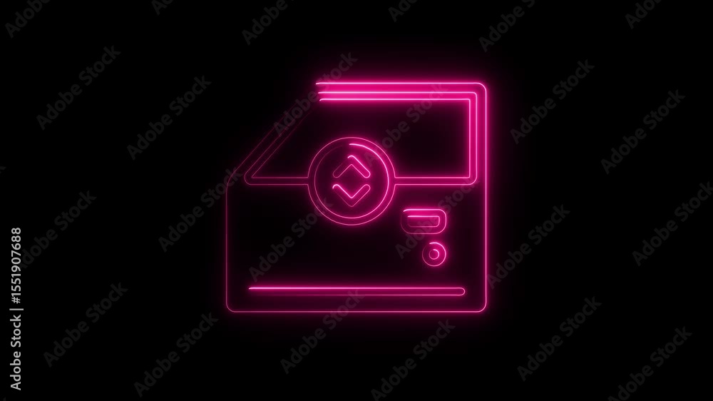 Animated neon car door panel icon with glowing outline against black background for automotive technology concepts Animated neon car door panel icon with glowing outline against black background for automotive technology concepts