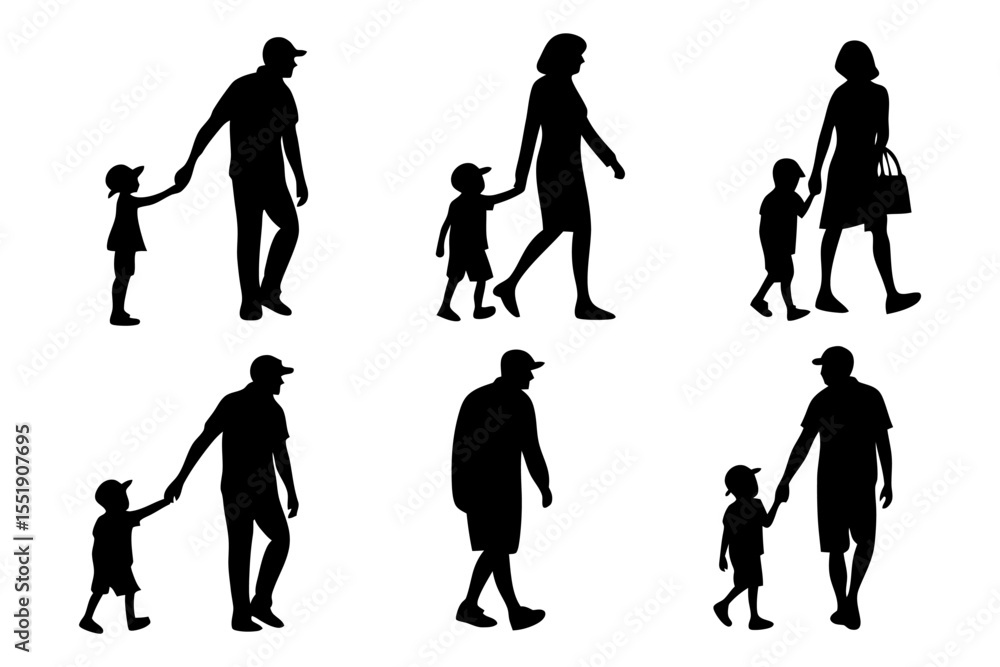 Fototapeta premium Parental Companionship: Silhouette renderings capture the essence of family, showcasing parents guiding their children on a journey of life. Evoking themes of support and protection. 