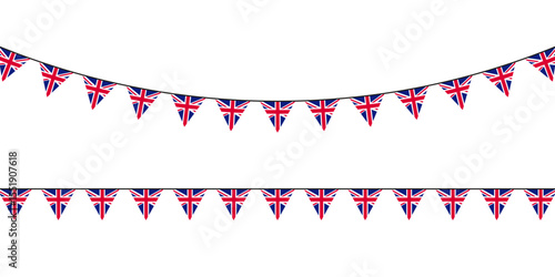 Bunting flags with Union Jack design, perfect for UK-themed events, British celebrations, or patriotic decorations.
