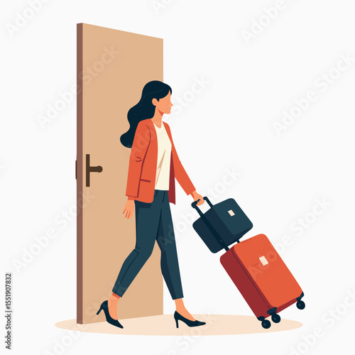 Woman walking outside with suitcase while leaving her home  
