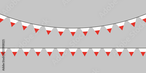 Minimal hanging garland of national flag pennants in red and white—ideal for patriotic, sports, or cultural celebration themes.