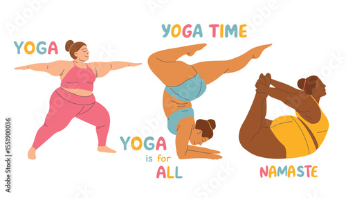 Vector illustration of a plus size girl doing yoga. Body positive concept. Body And Its Capabilities. Cartoon People Vector Illustration