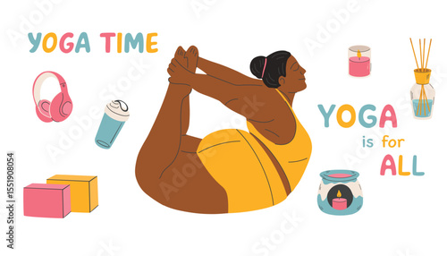 Vector illustration of a plus size girl doing yoga. Body positive concept. Body And Its Capabilities. Cartoon People Vector Illustration