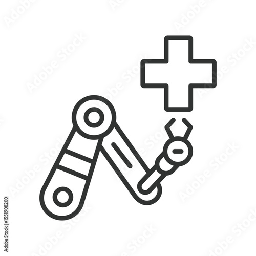 Robotic surgery, icon in line design. Medical robot, surgery automation, robotic arms, minimally invasive on white background vector. Robotic surgery, editable stroke icon
