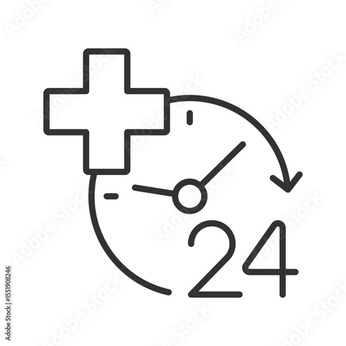 Med support 24, icon in line design. Emergency care, 24 hour healthcare, urgent medical aid, health hotline on white background vector. Med support 24, editable stroke icon