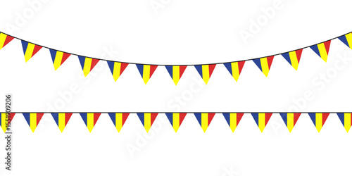 Colorful triangular bunting in red, yellow, and blue, inspired by the Romanian flag, hanging festively in two rows on a white background.
