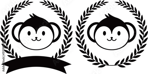 サルと月桂冠のエンブレム　モノトーン