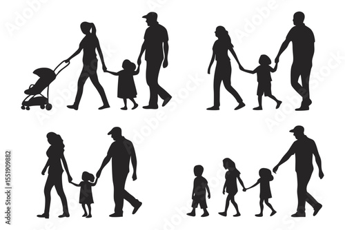 Family Stroll Silhouette: Four distinct illustrations of families enjoying a stroll, capturing the essence of togetherness, support, and the bonds of family life.