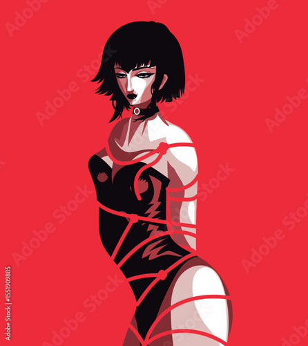 sensual lady in leather tied up with ropes