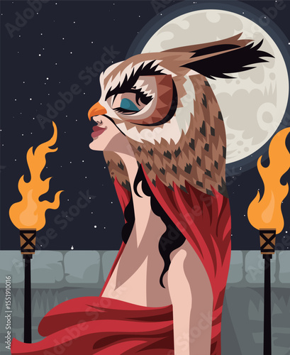 sensual woman with owl mask in the night