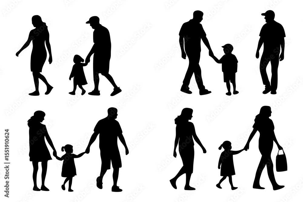 Obraz premium Family Walk Silhouettes: Six diverse family silhouettes depict parents strolling with their young children, showcasing various family dynamics in a simple yet expressive way.