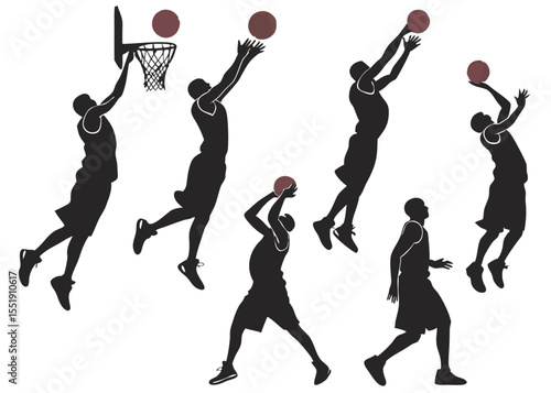 Silhouette of Basketball Players in Action Shooting Jumping and Dribbling the Ball