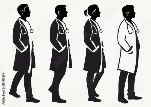 Silhouetted Doctors in Lab Coats A Diverse Medical Team in Profile View Four